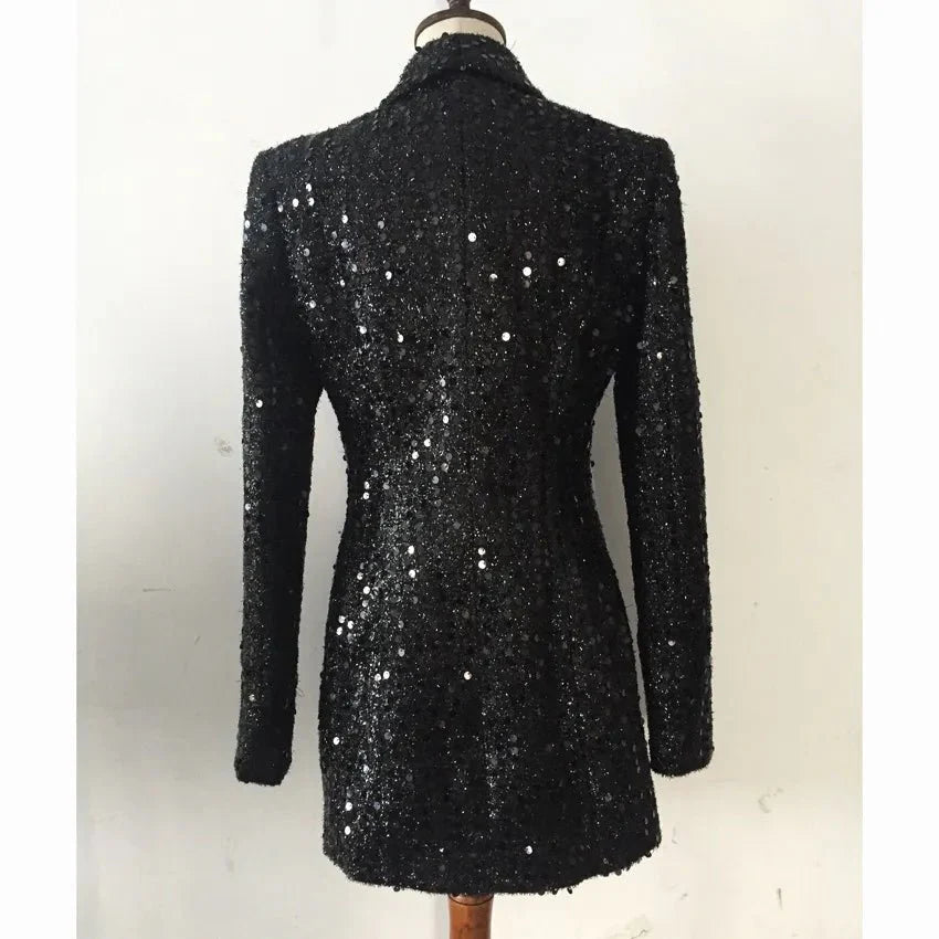 Sparkling Sequined Double-Breasted Slim Blazer