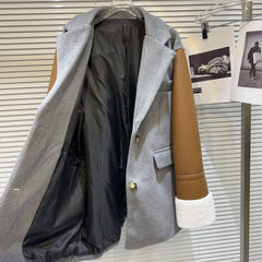 Spliced Leather Sleeves Loose Jacket