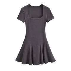 Square Collar Pleated Mini Dress