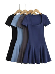 Square Collar Pleated Mini Dress