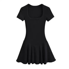 Square Collar Pleated Mini Dress