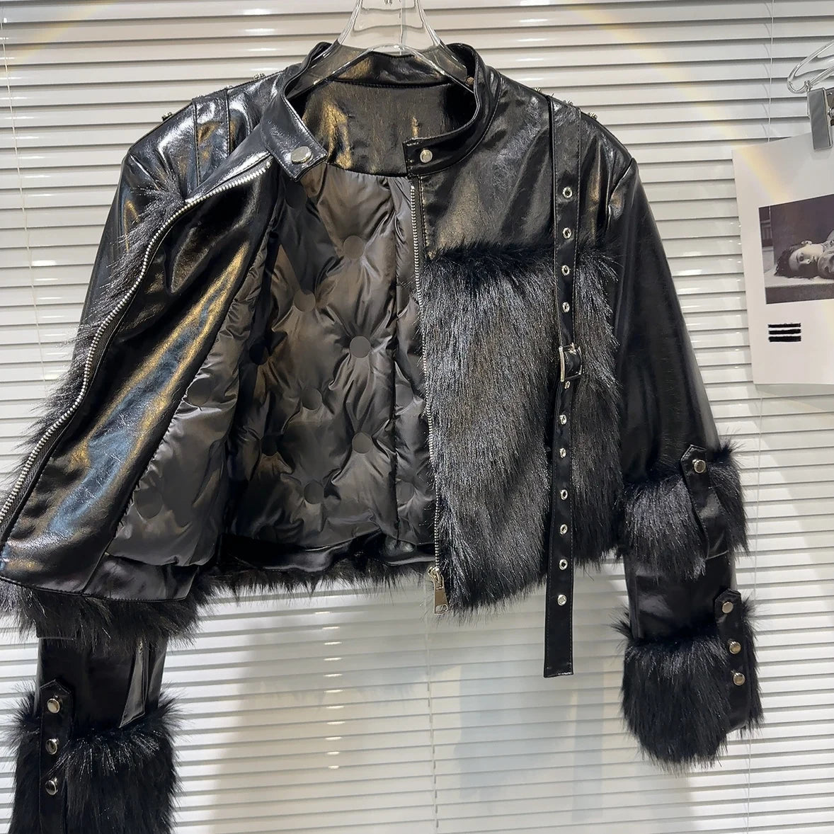 Straps Buckles Faux Fur Short Jacket