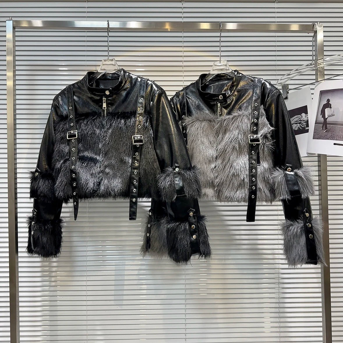Straps Buckles Faux Fur Short Jacket