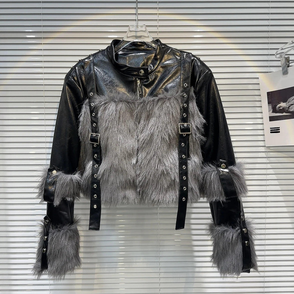 Straps Buckles Faux Fur Short Jacket