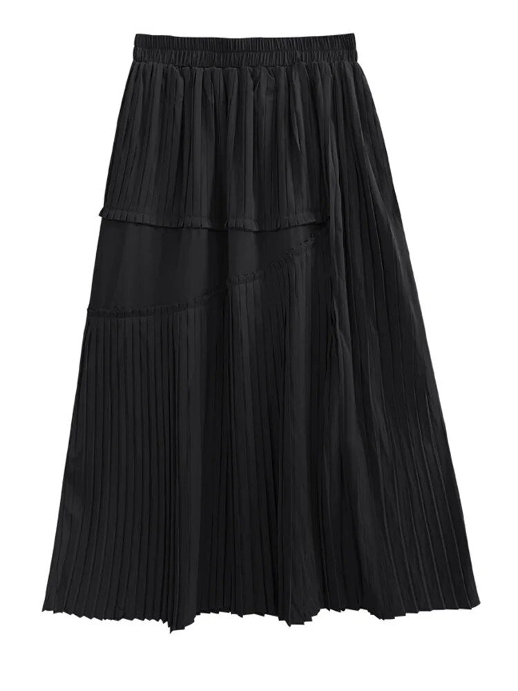Stretch Waist Mid-Calf Pleated Skirt