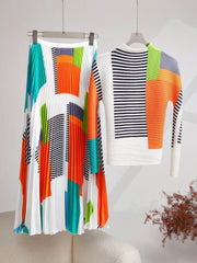 Striped Colorblock Pleated Top + Skirt