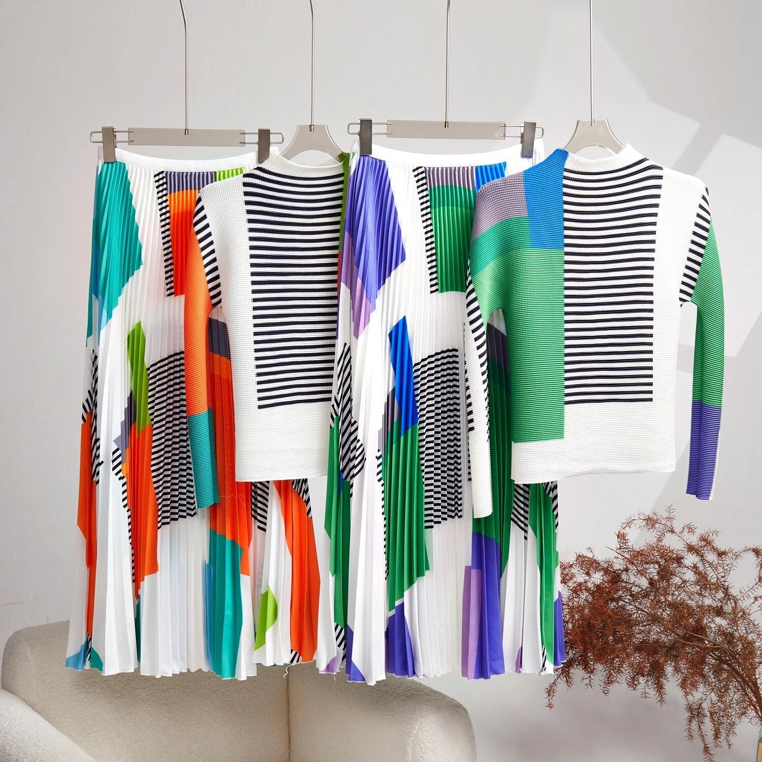 Striped Colorblock Pleated Top + Skirt