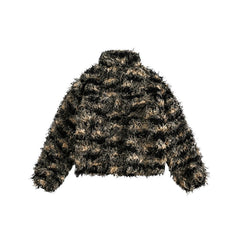 Striped Faux Fur Stand Collar Jacket