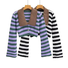 Striped Knitted Contrast Collar Jacket