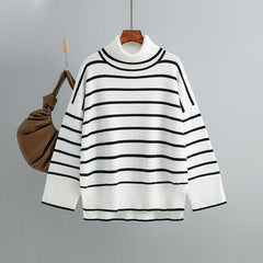 Striped Ribbed Turtleneck Knit Sweater