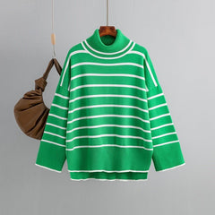 Striped Ribbed Turtleneck Knit Sweater