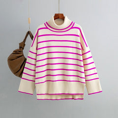 Striped Ribbed Turtleneck Knit Sweater