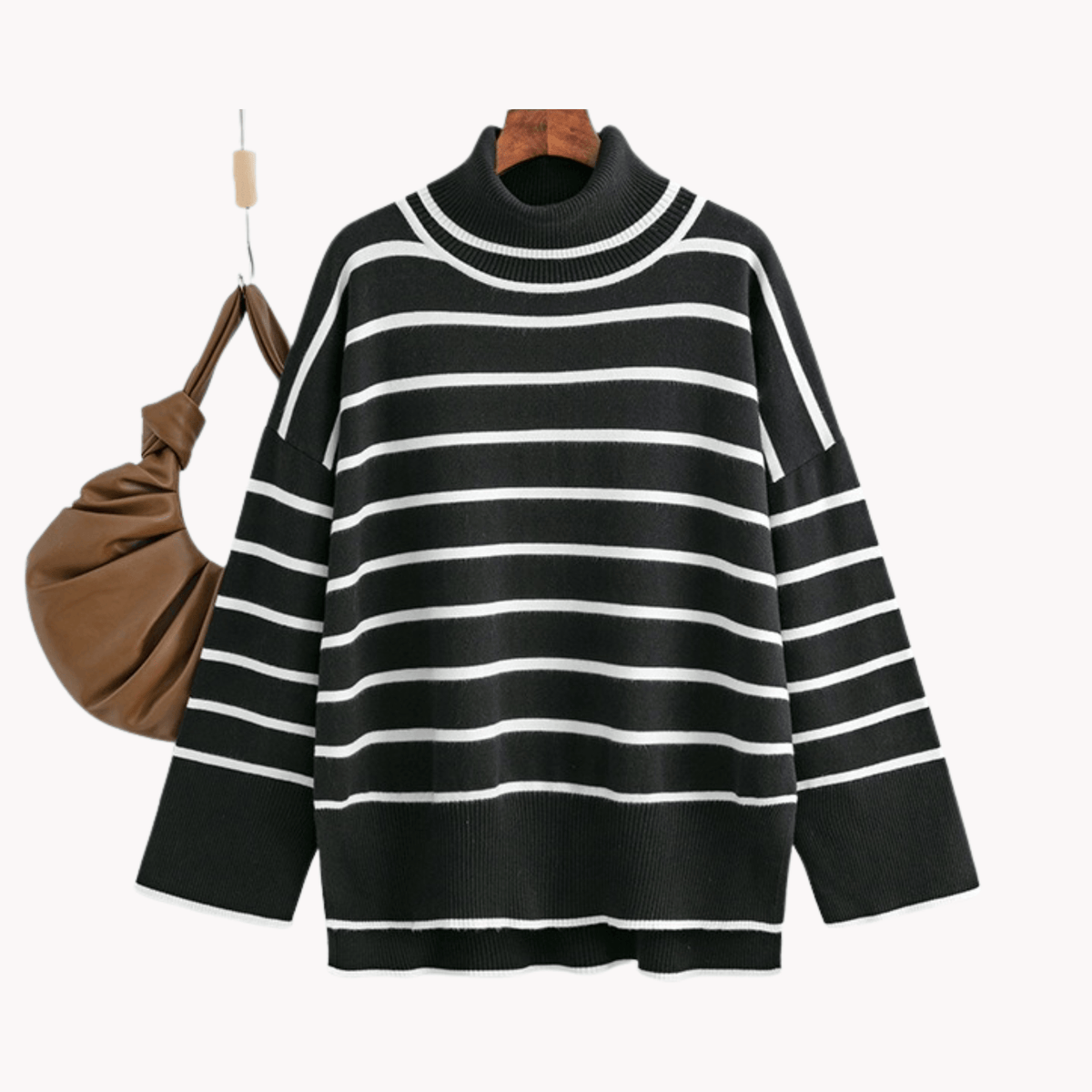 Striped Ribbed Turtleneck Knit Sweater