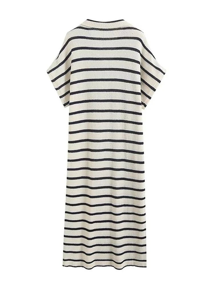 Stripes Polo Collar Midi Dress