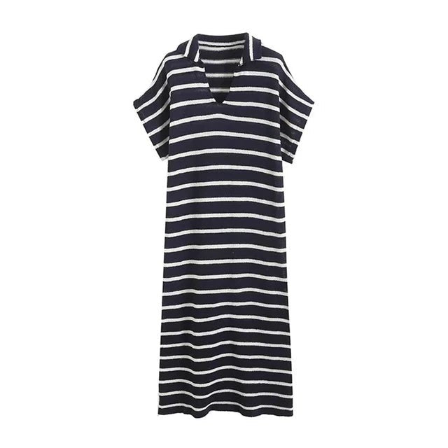 Stripes Polo Collar Midi Dress