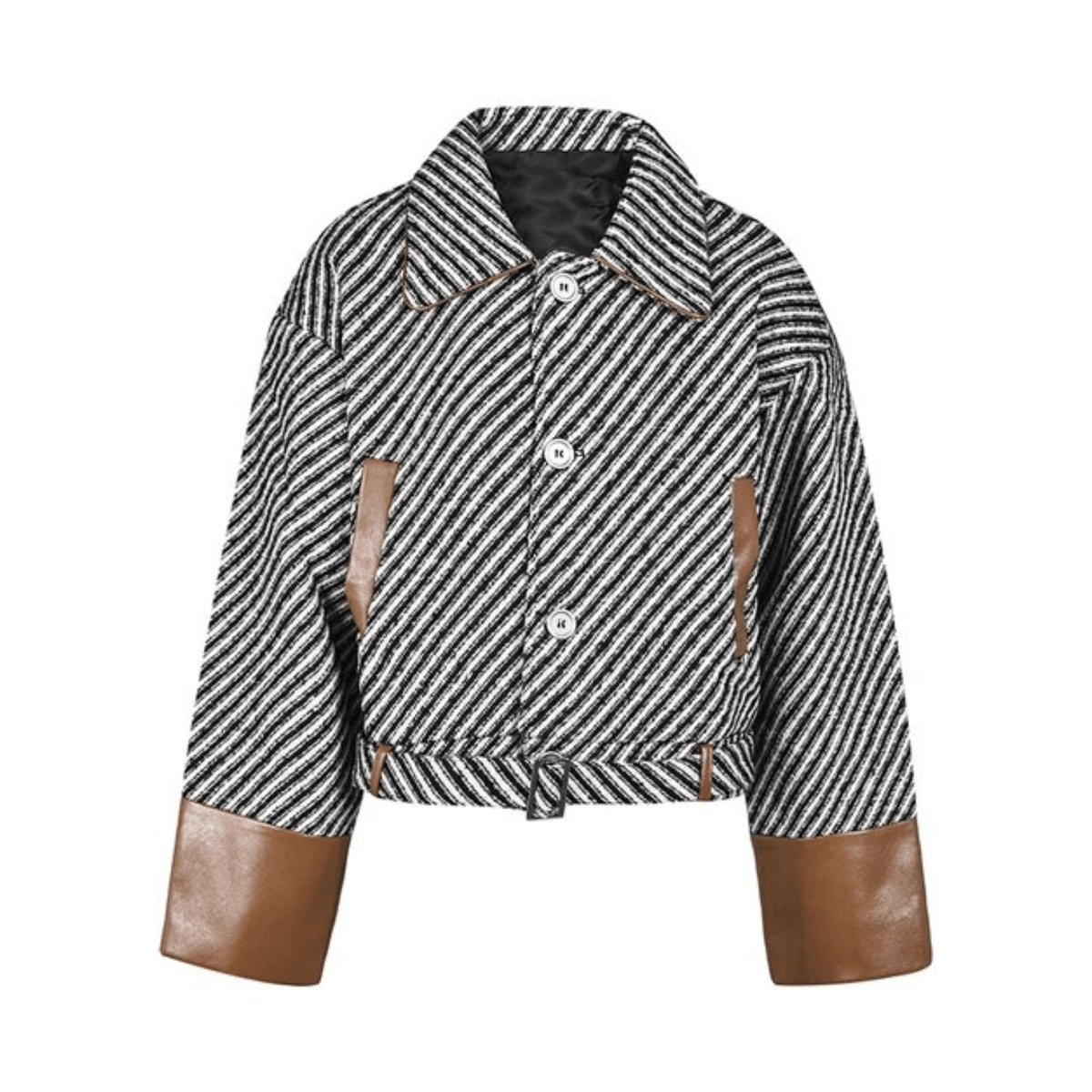 Stripes Vegan Leather Spliced Woolen Jacket
