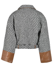 Stripes Vegan Leather Spliced Woolen Jacket