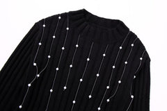 Tassel Split Hem Faux Pearls Sweater