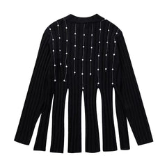 Tassel Split Hem Faux Pearls Sweater