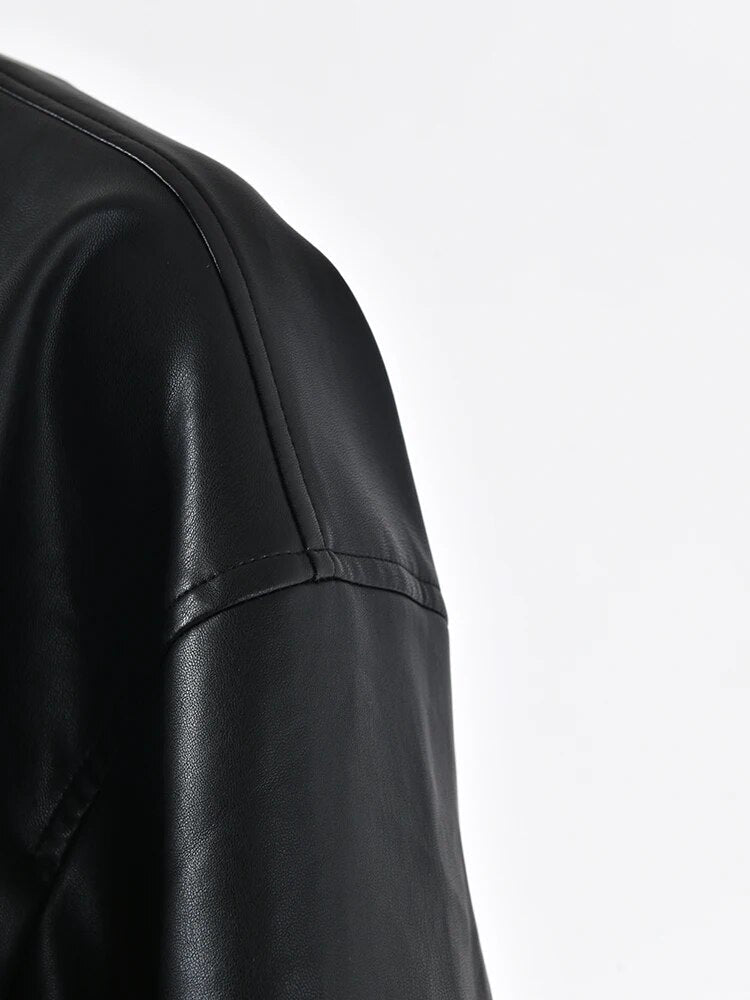 Topstitched Collar Vegan Leather Jacket