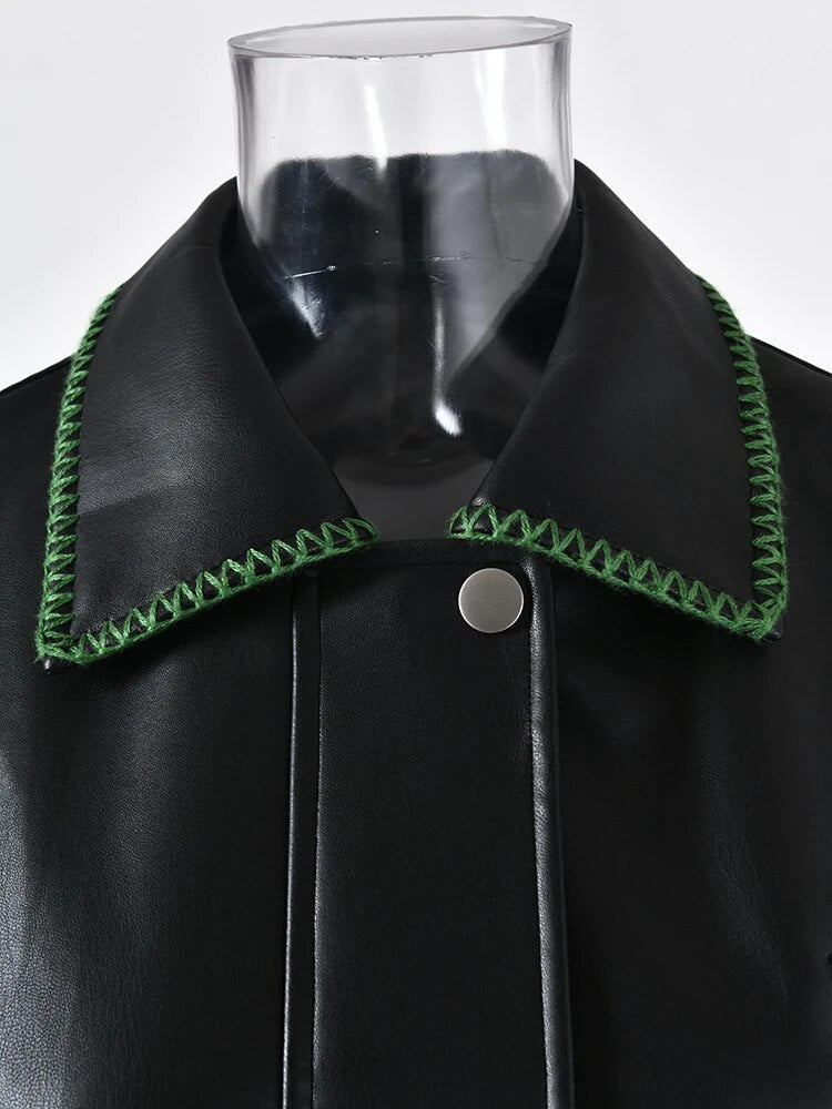 Topstitched Collar Vegan Leather Jacket