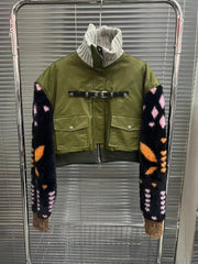 Turtleneck Spliced Knit Cropped Jacket