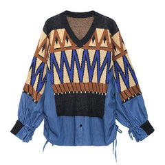 Two-Piece Illusion Denim Knit Sweater