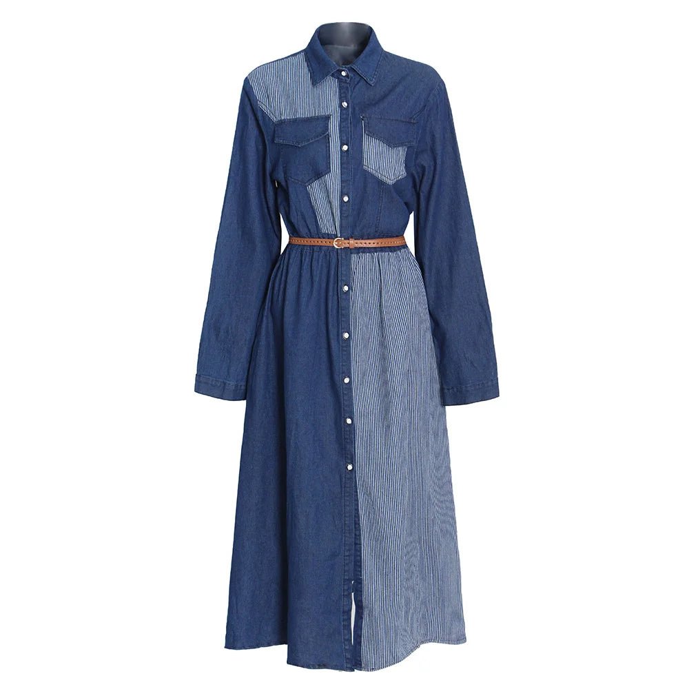 Two-Tone Denim Button-Down Belted Dress