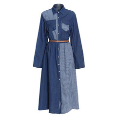 Two-Tone Denim Button-Down Belted Dress