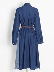 Two-Tone Denim Button-Down Belted Dress