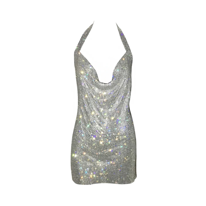 Halter Neck Sexy Backless V Neck Rhinestone Mini Dress