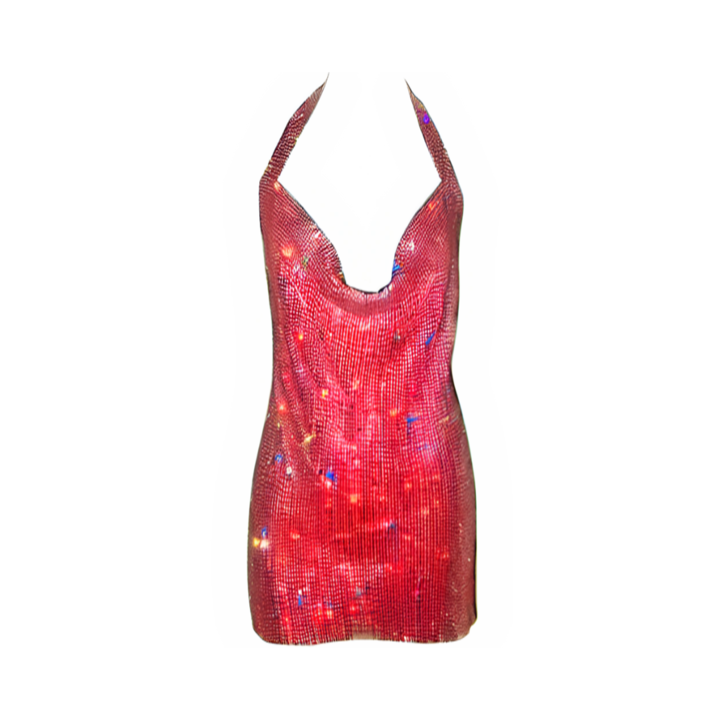 Halter Neck Sexy Backless V Neck Rhinestone Mini Dress