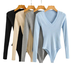 V-Neck Long Sleeves Knit Bodysuit