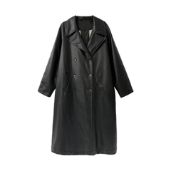 Vegan Leather Double-Breasted Trench Coat