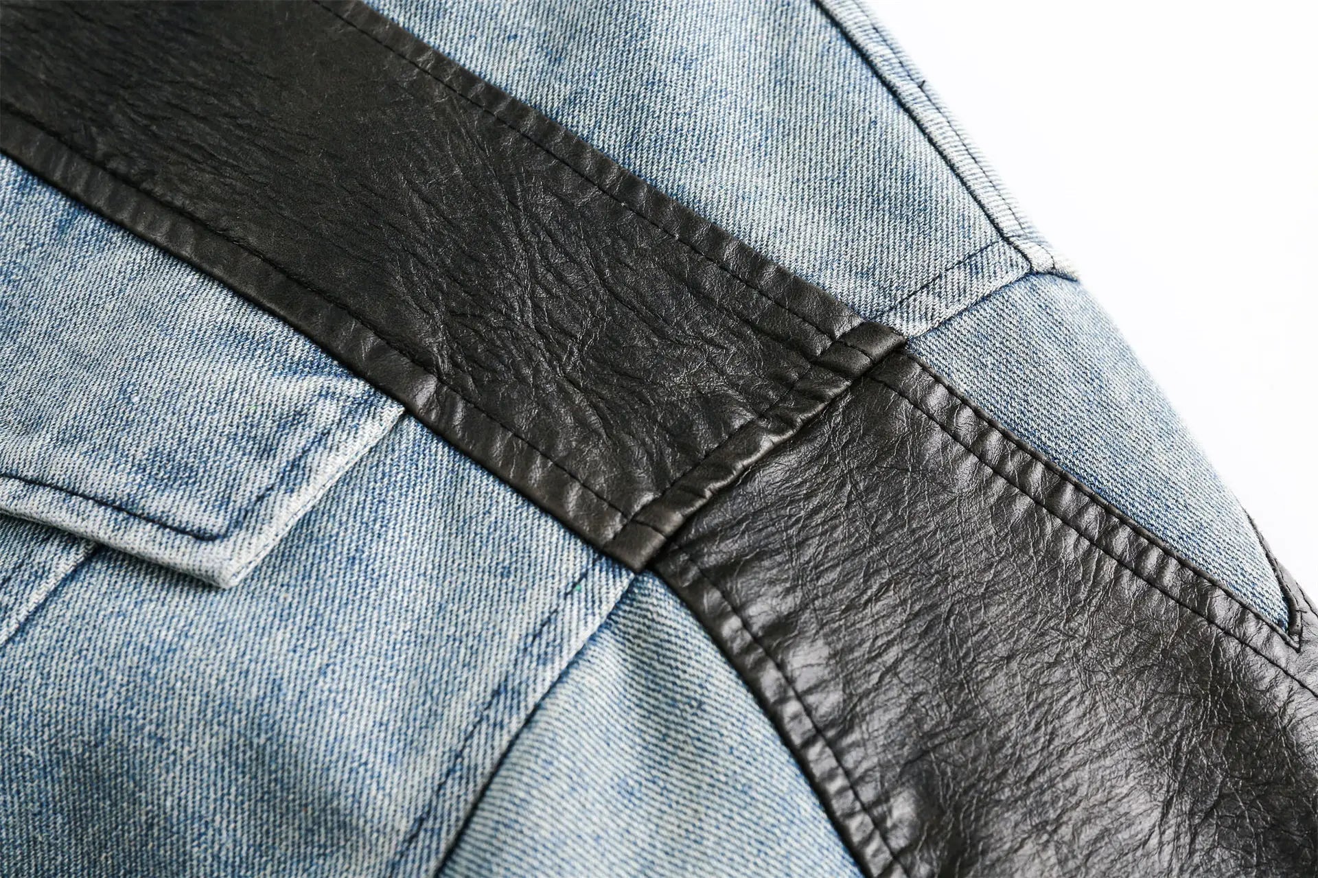 Vegan Leather Spliced Denim Short Jacket