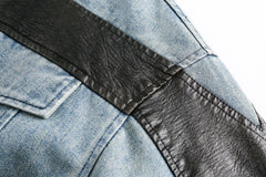 Vegan Leather Spliced Denim Short Jacket