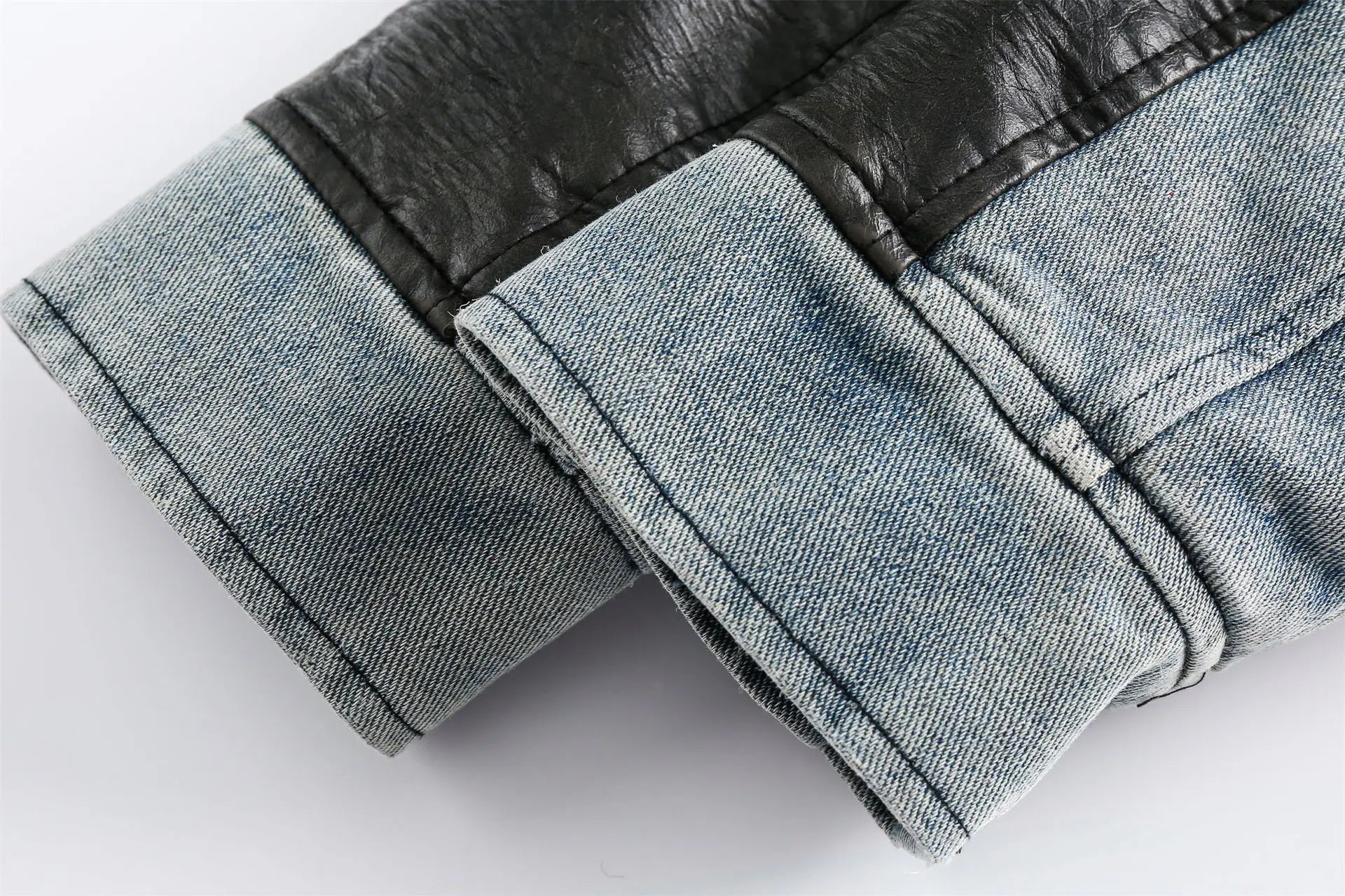 Vegan Leather Spliced Denim Short Jacket