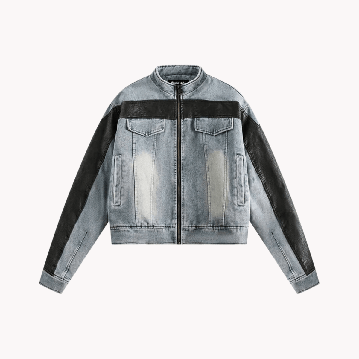 Vegan Leather Spliced Denim Short Jacket