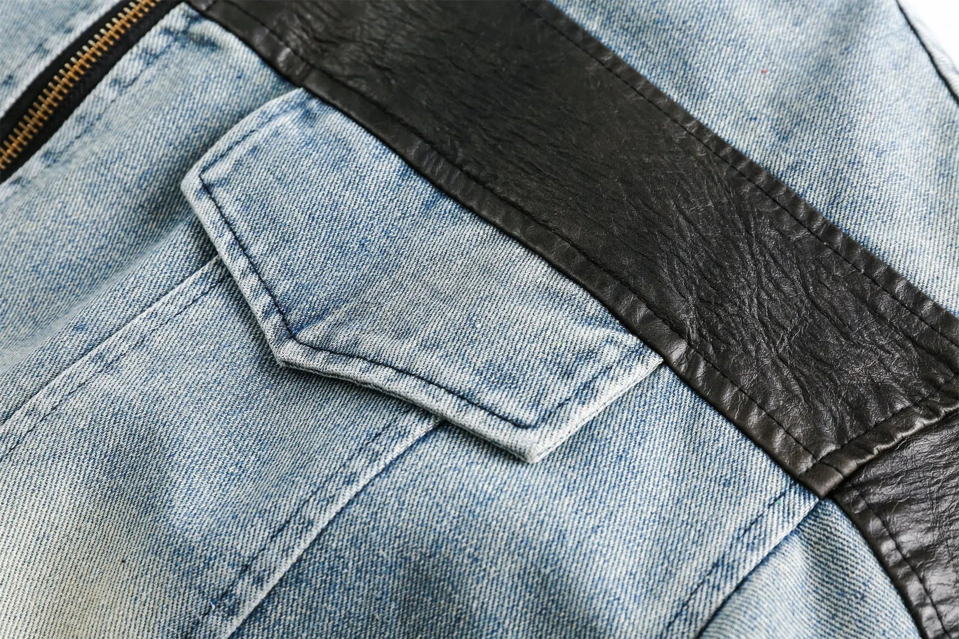 Vegan Leather Spliced Denim Short Jacket