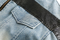 Vegan Leather Spliced Denim Short Jacket
