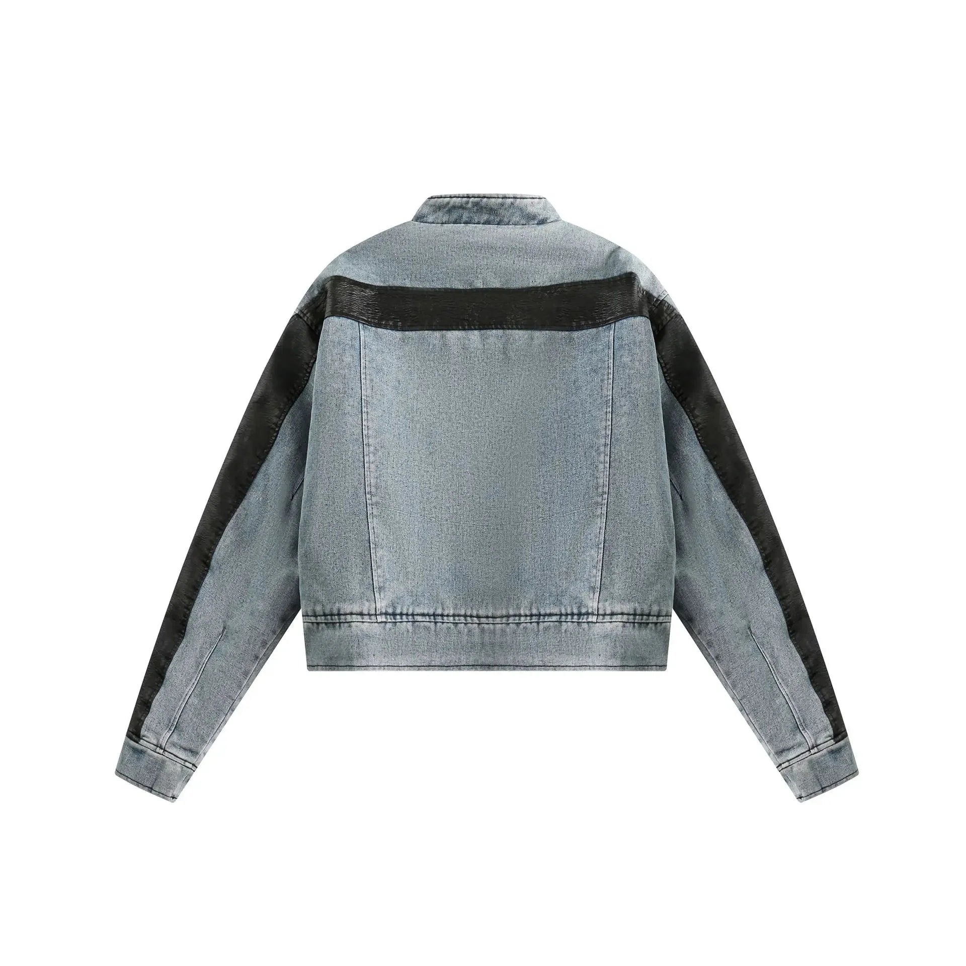 Vegan Leather Spliced Denim Short Jacket