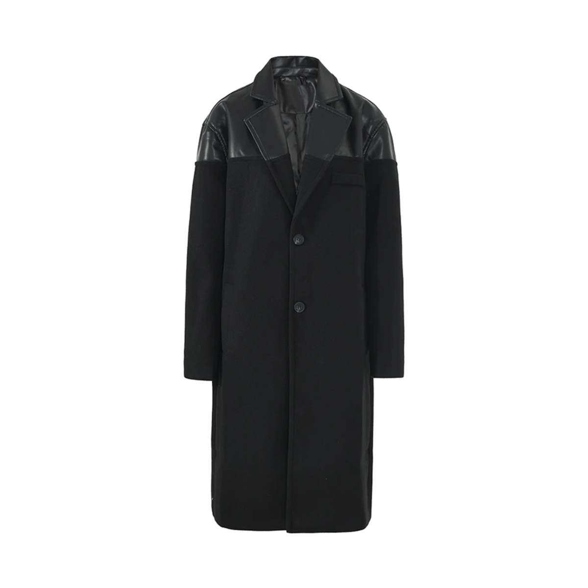 Vegan Leather Spliced Woolen Coat