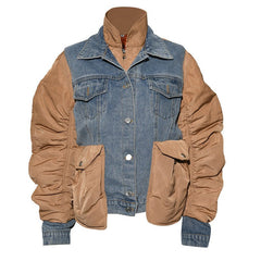 Washed Denim Patchwork Stand Collar Jacket