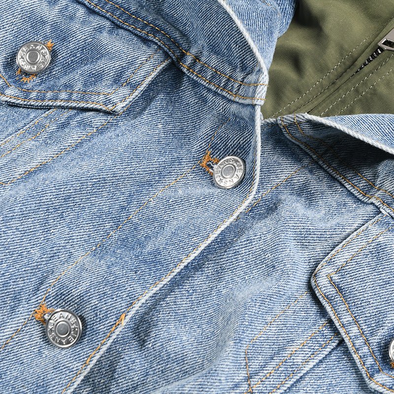 Washed Denim Patchwork Stand Collar Jacket
