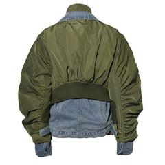 Washed Denim Patchwork Stand Collar Jacket
