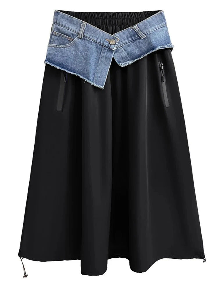 Washed Denim Waist Wrapped Skirt