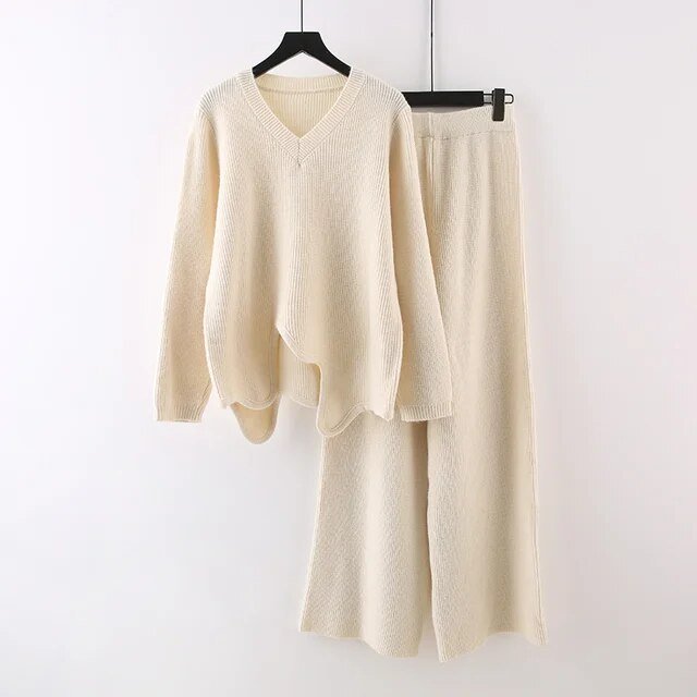 Wavy Hem Knitted Sweater + Pants Set