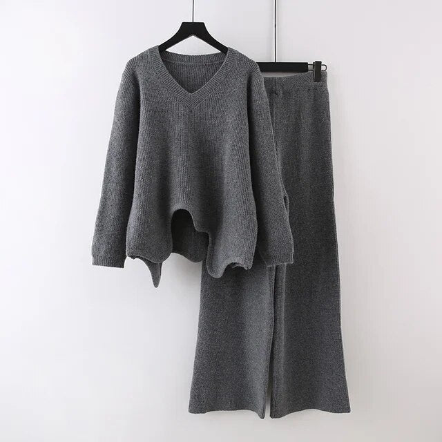 Wavy Hem Knitted Sweater + Pants Set