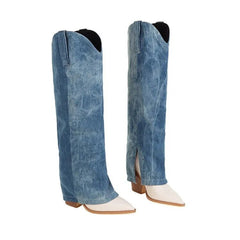 Wood Grain Heel Denim Boots