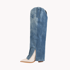 Wood Grain Heel Denim Boots